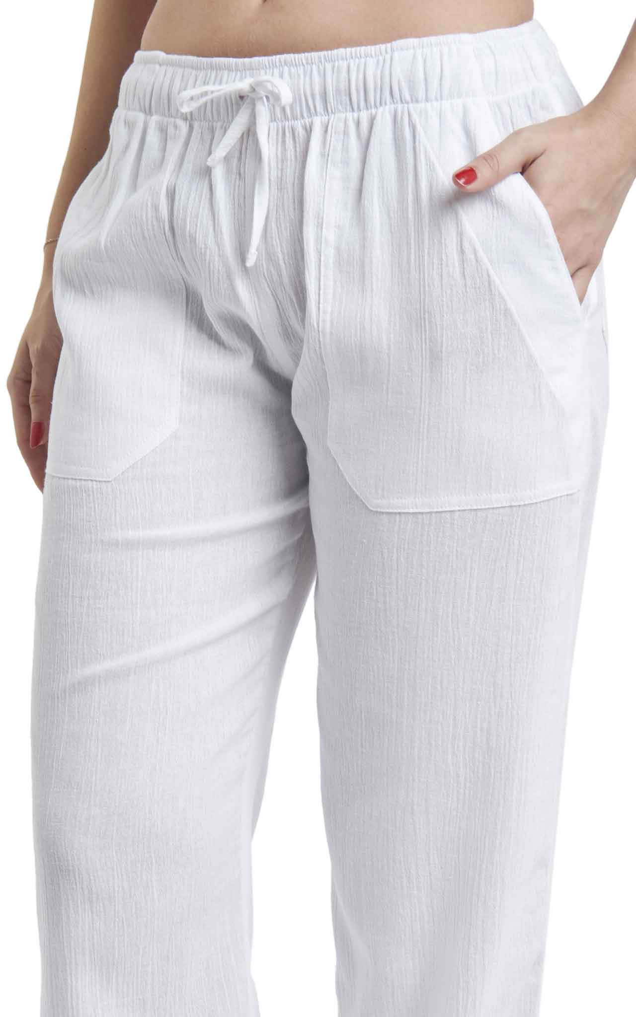 Women's Gauze Cotton PJ & Beach Pants with Pockets (White) – J & Ce